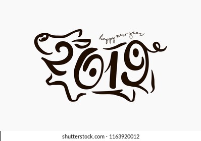 Cute funny pig. Happy New Year. Chinese symbol of the 2019 year. Excellent festive gift card. Vector illustration on white background.