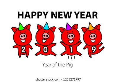 Cute funny pig. Happy New Year. Chinese symbol of the 2019 year. vector black line drawing four pigs dancing celebrating red art