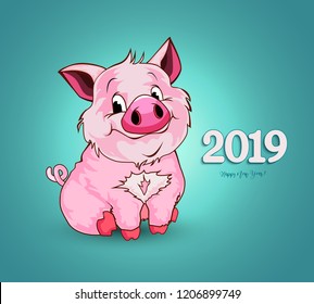 Cute funny pig. Happy New Year. Chinese symbol of the 2019 year. Excellent festive gift card. Vector illustration on blue background