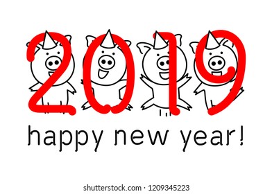 Cute funny pig. Happy New Year. Chinese symbol of the 2019 year. vector black line drawing four pigs dancing celebrating red art