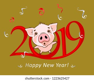 Cute funny pig. Happy New Year. Chinese symbol of the 2019 year. Excellent festive gift card. Vector illustration on red background.