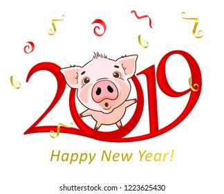 Cute funny pig. Happy New Year. Chinese symbol of the 2019 year. Excellent festive gift card. Vector illustration on white  background.