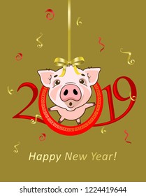 Cute funny pig. Happy New Year. Chinese symbol of the 2019 year. Excellent festive gift card. Vector illustration on golden background.