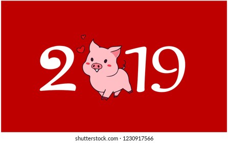 Cute funny pig. Happy New Year. Chinese symbol of the 2019 year. Excellent festive gift card. Hand drawn vector illustration on red background.