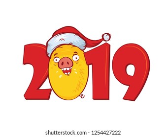 Cute funny pig. Happy New Year. Chinese symbol of the 2019 year.