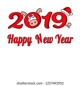 Cute funny pig. Happy New Year. Excellent festive gift card. Vector illustration on white background.