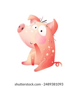 Cute funny pig illustration for children. Domestic animal, funny piglet, farmland and countryside cartoon. Vector hand drawn illustration clip art for children.