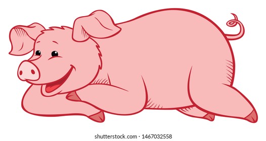 Cute funny pig lays and smiles.