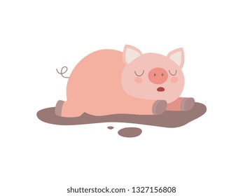 Cute Funny Pig Lying in Dirty Puddle Vector Illustration