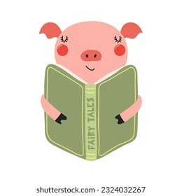 Cute funny pig reading book cartoon character illustration. Hand drawn Scandinavian style flat design, isolated vector. Kids print element, book lover, education, literature, library, bookstore