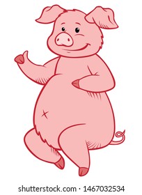 Cute funny pig sits and smiles. Thumb up!
