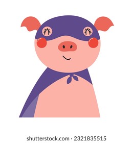 Cute funny pig superhero in costume cartoon character illustration. Hand drawn Scandinavian style flat design, isolated vector. Kids print element, cool, brave animal, comic book super hero