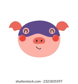 Cute lustige Schweine Superhelden Gesicht in Maske Cartoon Charakter Illustration. Handgezeichnetes skandinavisches Flachdesign, einzelne Vektorgrafik. Kinderdruckelement, cooles, mutiges Tier, Comicbuch Superheld