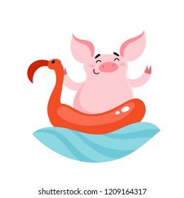 Cute funny pig swims in rubber ring - flamingo isolated on white. Vector illustration with cartoon symbol of chinese calendar used for poster, greeting card, book and banner.