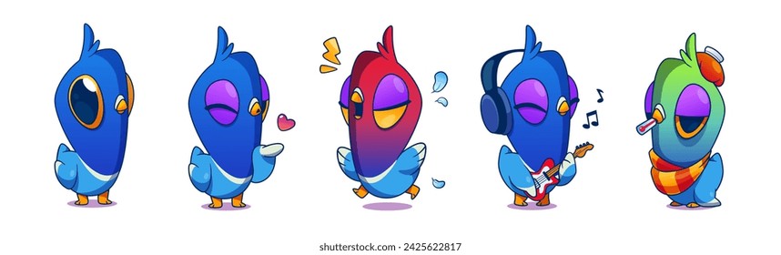 Cute funny pigeon cartoon character emoticon collection with different poses and face expression. Vector set of blue dove stand and send air kiss, angry and sick with thermometer in beak, play guitar.