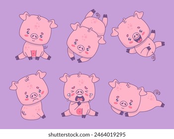 Cute funny piggy collection. Emotional pig. Smiling, sadness, smile, happy and unhappy crying. Isolated cartoon kawaii animal character. Vector illustration