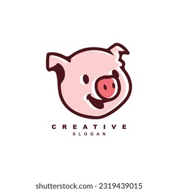 Cute funny piggy face logo design.  Happy smile face baby pig logo character vector art illustration