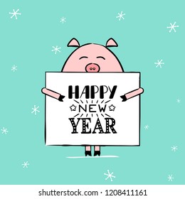 Cute funny piggy, a symbol of 2019 year for your postcard or poster.  Vector illustration.