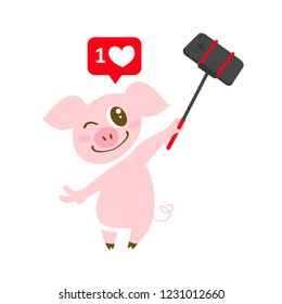 A cute funny piggy taking selfie. Childish character with stick Monopod. Pig symbol of the year 2019.