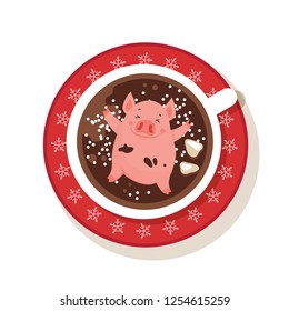 Cute and funny piglet chilling in a cup of winter drink isolated on white. Excellent for the design of postcard, poster, sticker, banner and so on. Vector illustration.