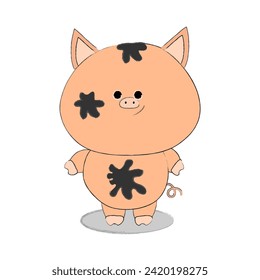 Cute, funny piglet, covered in mud standing in a puddle . Cartoon style illustration . Pet pig