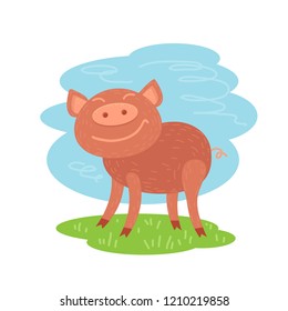 Cute funny piglet on white background. Pig Chinese zodiac symbol of the year. Flat design element for leaflets or posters.
