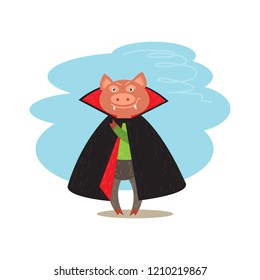 Cute funny piglet on white background. Halloween character vampire. Flat design element for leaflets or posters.