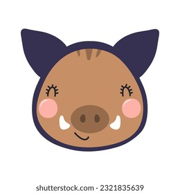 Cute funny piglet superhero face in mask cartoon character illustration. Hand drawn Scandinavian style flat design, isolated vector. Kids print element, cool, brave animal, comic book super hero