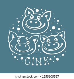 Cute funny piglets  isolated on blue background. New Year symbol. Pig Chinese zodiac symbol of the year. Template for leaflets, booklets, posters or greeting cards.