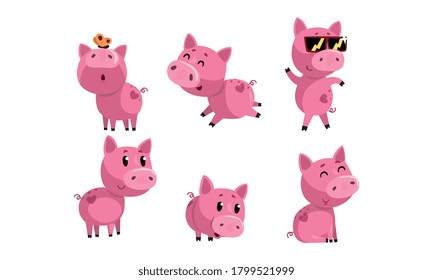Cute Funny Piglets Set, Adorable Piggies Cartoon Characters in Different Poses Vector Illustration