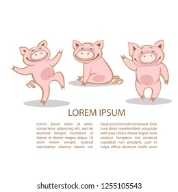 Cute funny piglets with text frame isolated on white background. New Year symbol. Pig Chinese zodiac symbol of the year. Template for leaflets, booklets, posters or greeting cards.