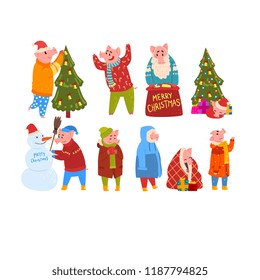 Cute funny pigs celebrating New Year set, piggy characters wearing warm bright clothes in different situations, Chinese symbol of New Year vector Illustration