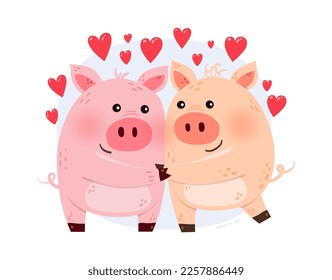 Cute and funny pigs in love. Animal characters with hearts. Design for for invitation, cards, poster. Vector illustration