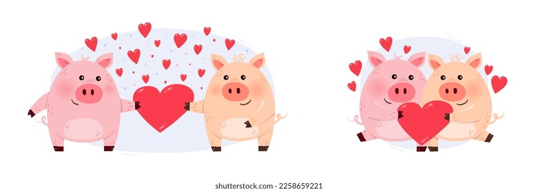 Feine und lustige Schweine verliebt. Sammlung von Zeichnungen mit Tierfiguren mit Herzen. Design für den Valentinstag. Vektorgrafik