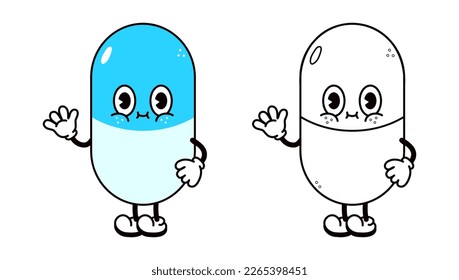 Cute funny pill waving hand character outline cartoon illustration for coloring book. Vector pepper hand drawn traditional cartoon vintage, retro, icon. Happy pill character concept