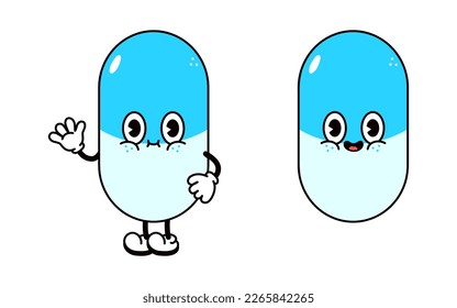 Cute funny pill waving hand character. Vector hand drawn traditional cartoon vintage, retro kawaii character illustration icon. Isolated white background. Pill character concept