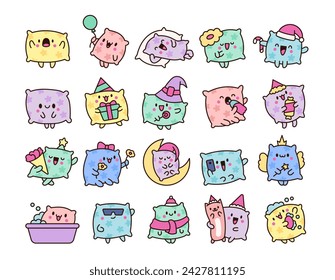 Cute funny pillow with happy face. Cartoon kawaii character. Hand drawn style. Vector drawing. Collection of design elements.