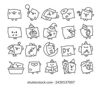 Cute funny pillow with happy face. Coloring Page. Cartoon kawaii character. Hand drawn style. Vector drawing. Collection of design elements.
