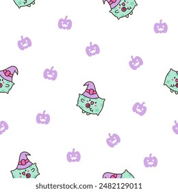Cute funny pillow with happy face. Seamless pattern. Cartoon kawaii character. Hand drawn style. Vector drawing. Design ornaments.