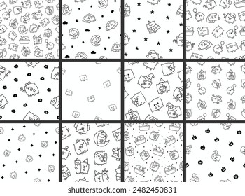 Cute funny pillow with happy face. Seamless pattern. Coloring Page. Cartoon kawaii character. Hand drawn style. Vector drawing. Collection of design ornaments.
