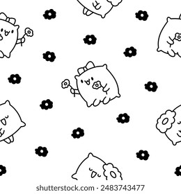 Cute funny pillow with happy face. Seamless pattern. Coloring Page. Cartoon kawaii character. Hand drawn style. Vector drawing. Design ornaments.