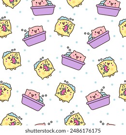 Cute funny pillow with happy face. Seamless pattern. Cartoon kawaii character. Hand drawn style. Vector drawing. Design ornaments.