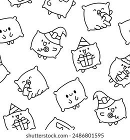 Cute funny pillow with happy face. Seamless pattern. Coloring Page. Cartoon kawaii character. Hand drawn style. Vector drawing. Design ornaments.