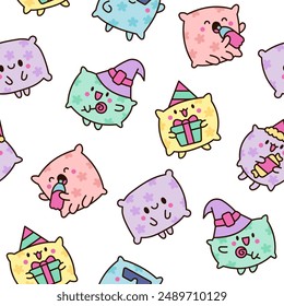 Cute funny pillow with happy face. Seamless pattern. Cartoon kawaii character. Hand drawn style. Vector drawing. Design ornaments.