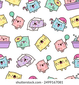 Cute funny pillow with happy face. Seamless pattern. Cartoon kawaii character. Hand drawn style. Vector drawing. Design ornaments.