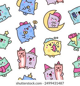 Cute funny pillow with happy face. Seamless pattern. Cartoon kawaii character. Hand drawn style. Vector drawing. Design ornaments.