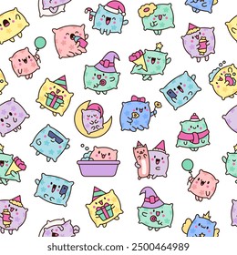 Cute funny pillow with happy face. Seamless pattern. Cartoon kawaii character. Hand drawn style. Vector drawing. Design ornaments.