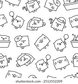 Cute funny pillow with happy face. Seamless pattern. Coloring Page. Cartoon kawaii character. Hand drawn style. Vector drawing. Design ornaments.