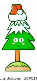 Cute and funny pine tree with snow on it wearing Santa's hat for christmas
