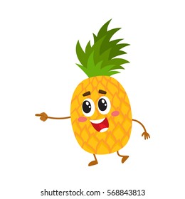 Cute and funny pineapple character with happy face pointing to the left, cartoon vector illustration isolated on white background. Funny pineapple character, mascot pointing to something